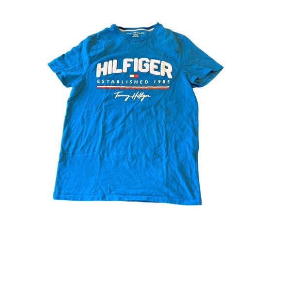 Tommy Hilfiger Mens XS Blue Graphic Tee "Hilfiger Established 1985" Cotton - Picture 1 of 4